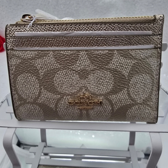 Coach Mini Skinny ID Card Case Golden  Pearlized Metallic Crossgrain Leather - Picture 5 of 8